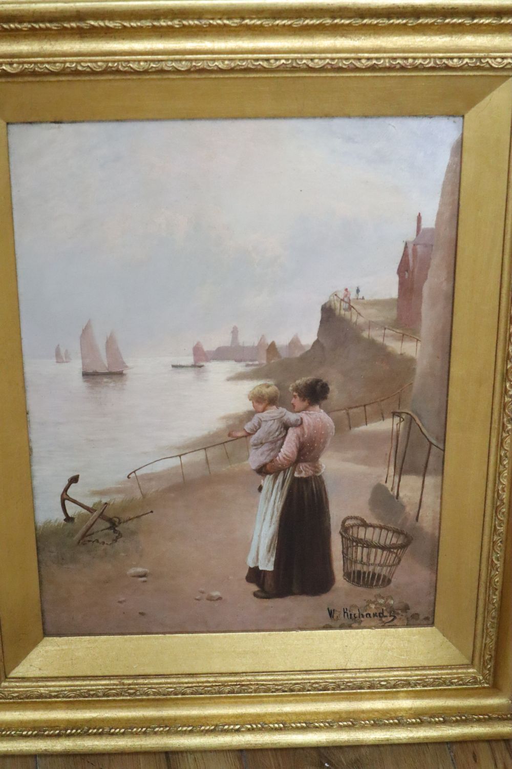 W. Richards (19th C.), oil on canvas, Awaiting the return of the fleet, signed, 40 x 30cm